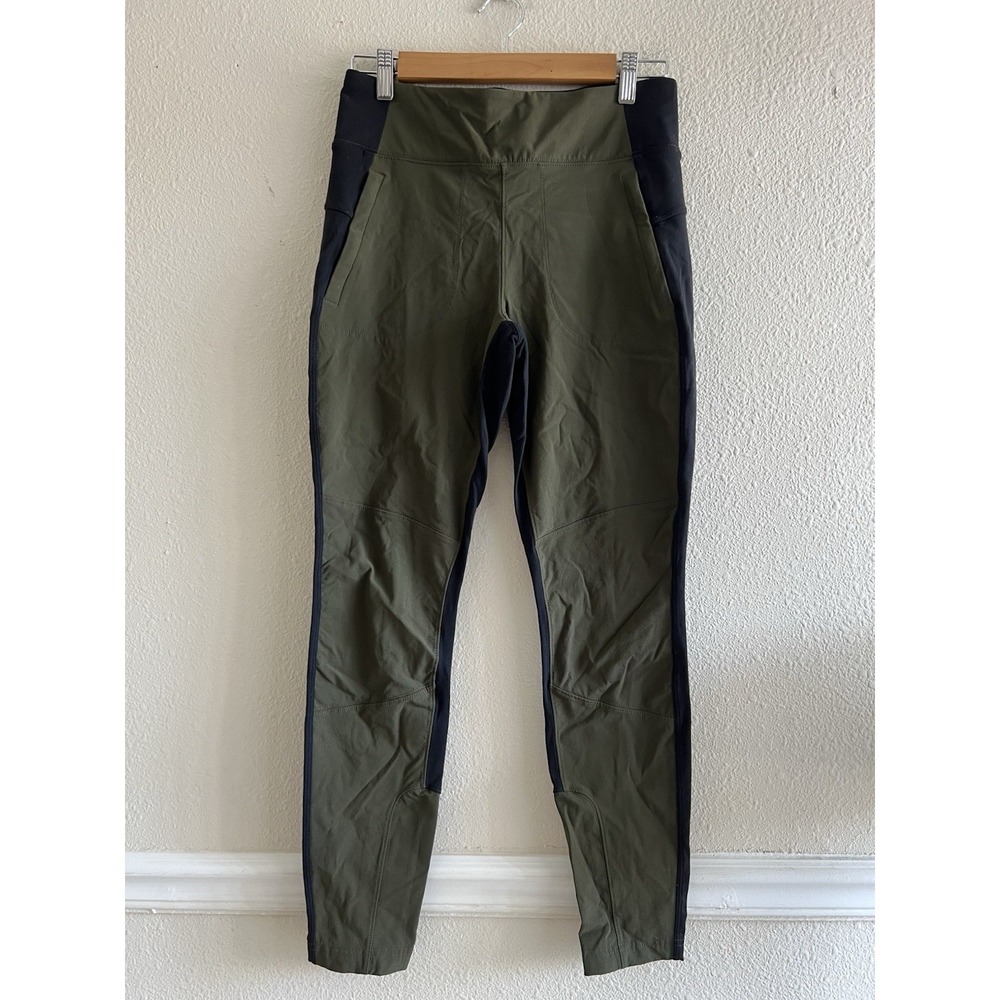 Athleta Highline Hybrid Ankle Tight Olive Green Black Hiking Leggings Size 8